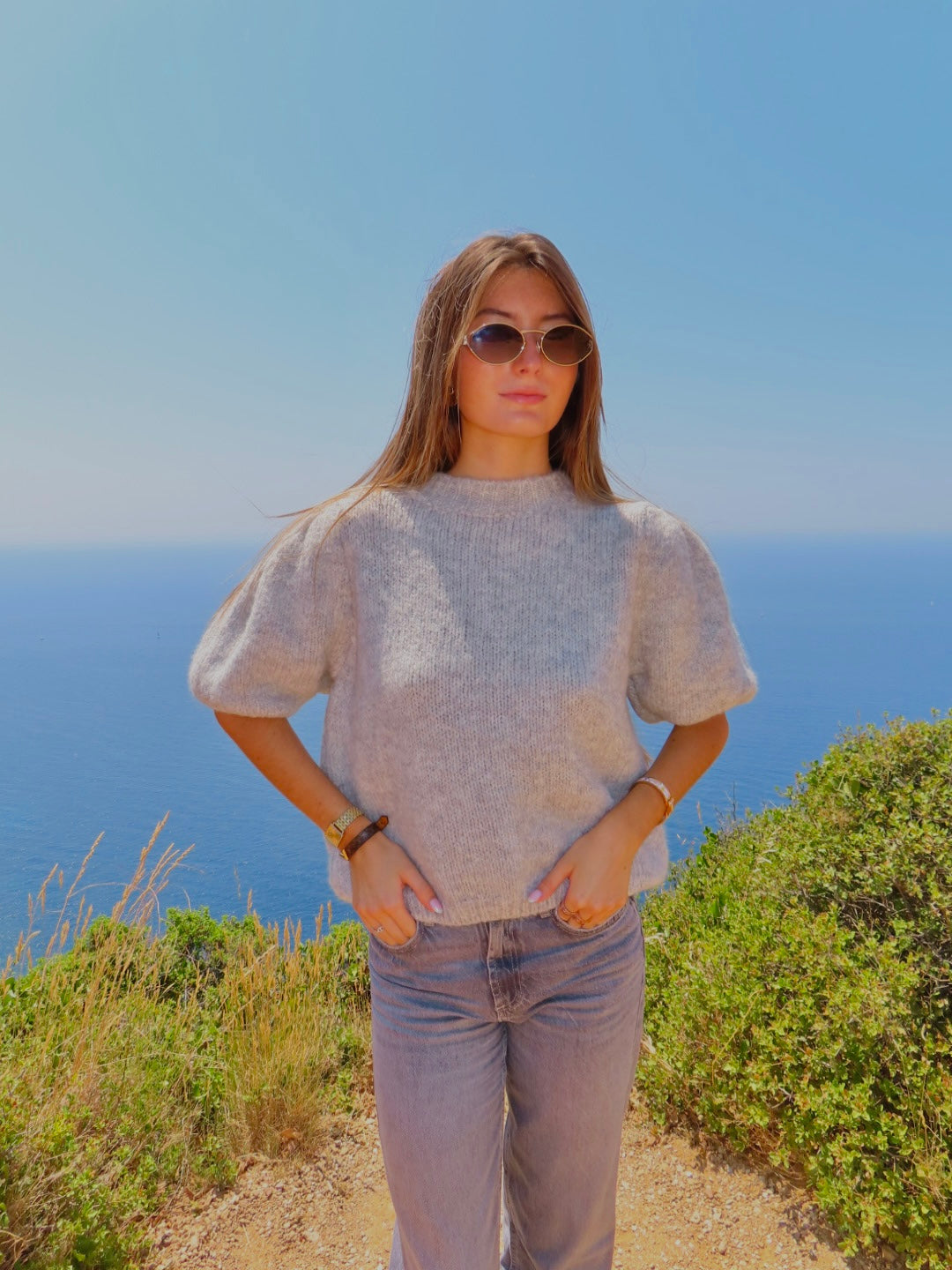 Pull manches bouffantes gris