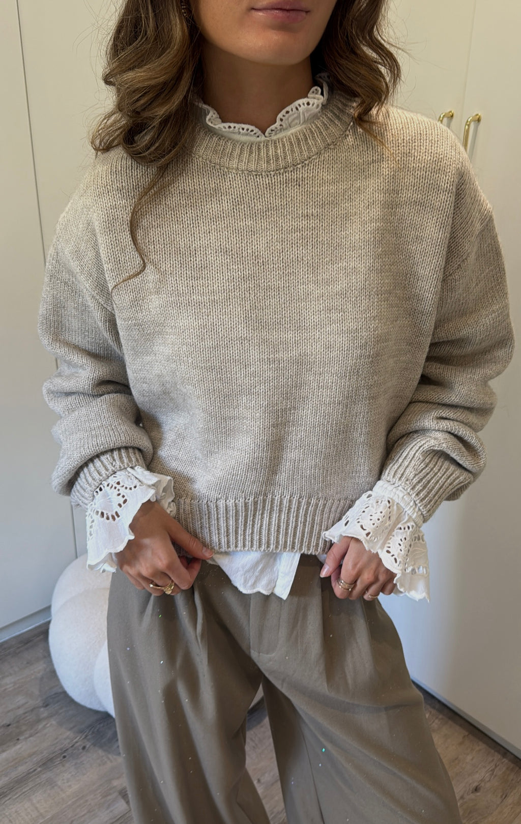 Pull à Col Rond Gris Clair