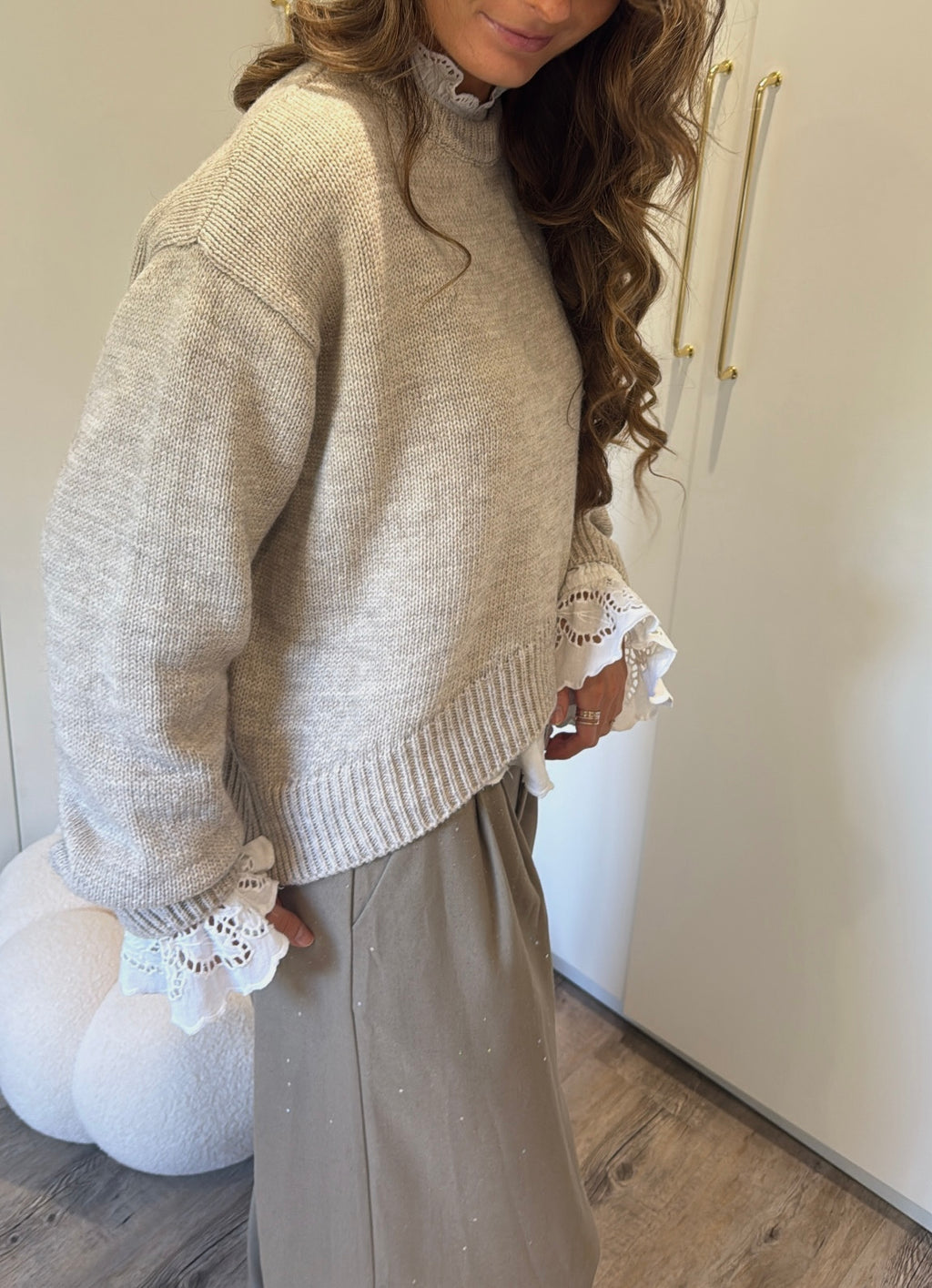 Pull à Col Rond Gris Clair