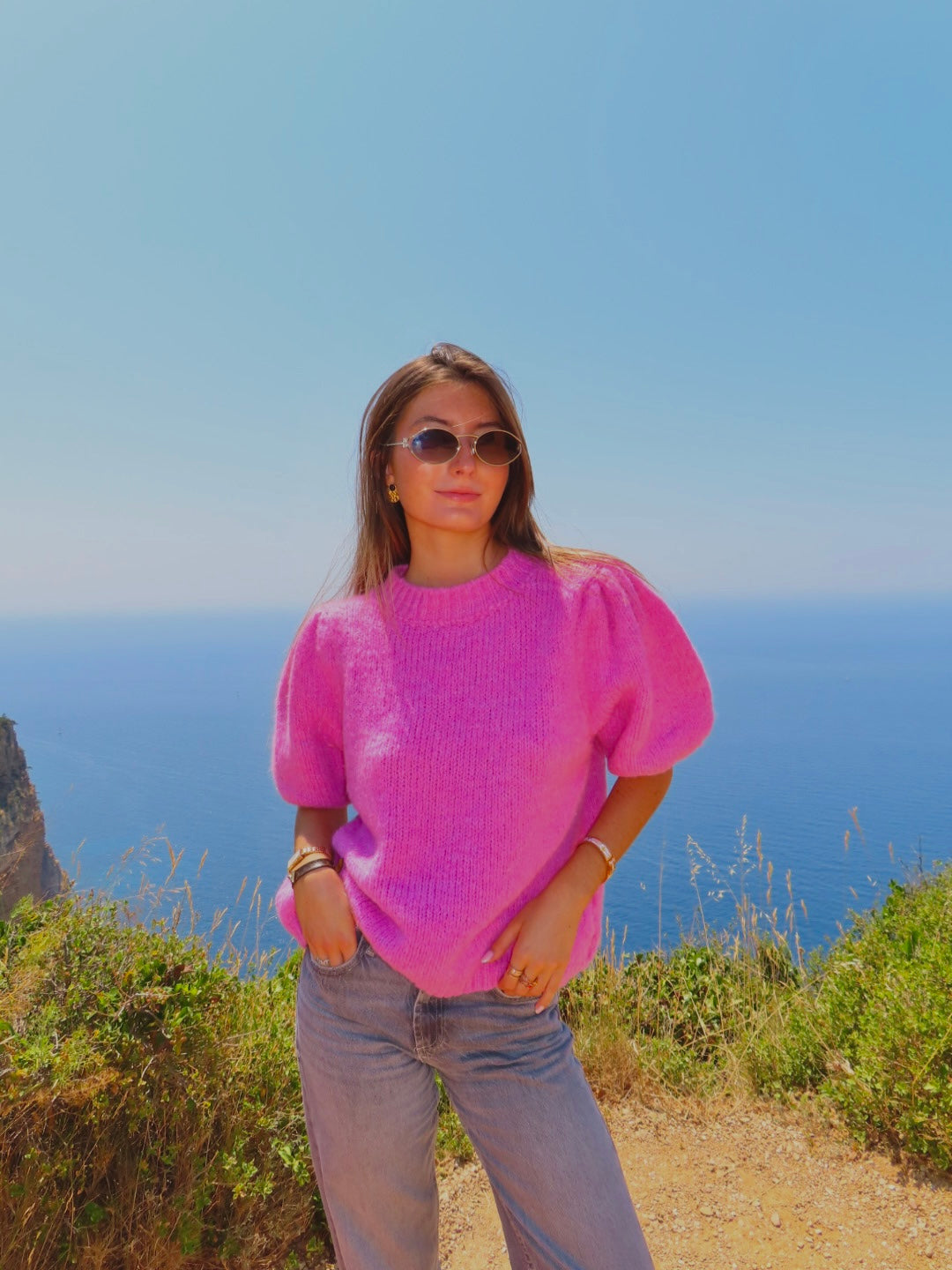 Pull manches bouffantes rose
