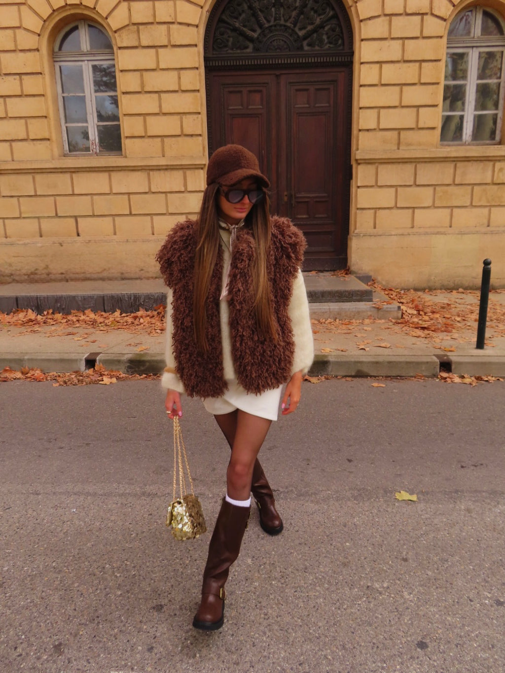 Veste moumoute sans manche marron